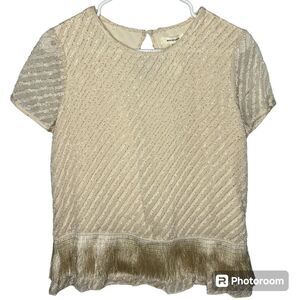 New! Max Studio Fringe White Cream Short Sleeve Blouse Women’s Top Sz XS